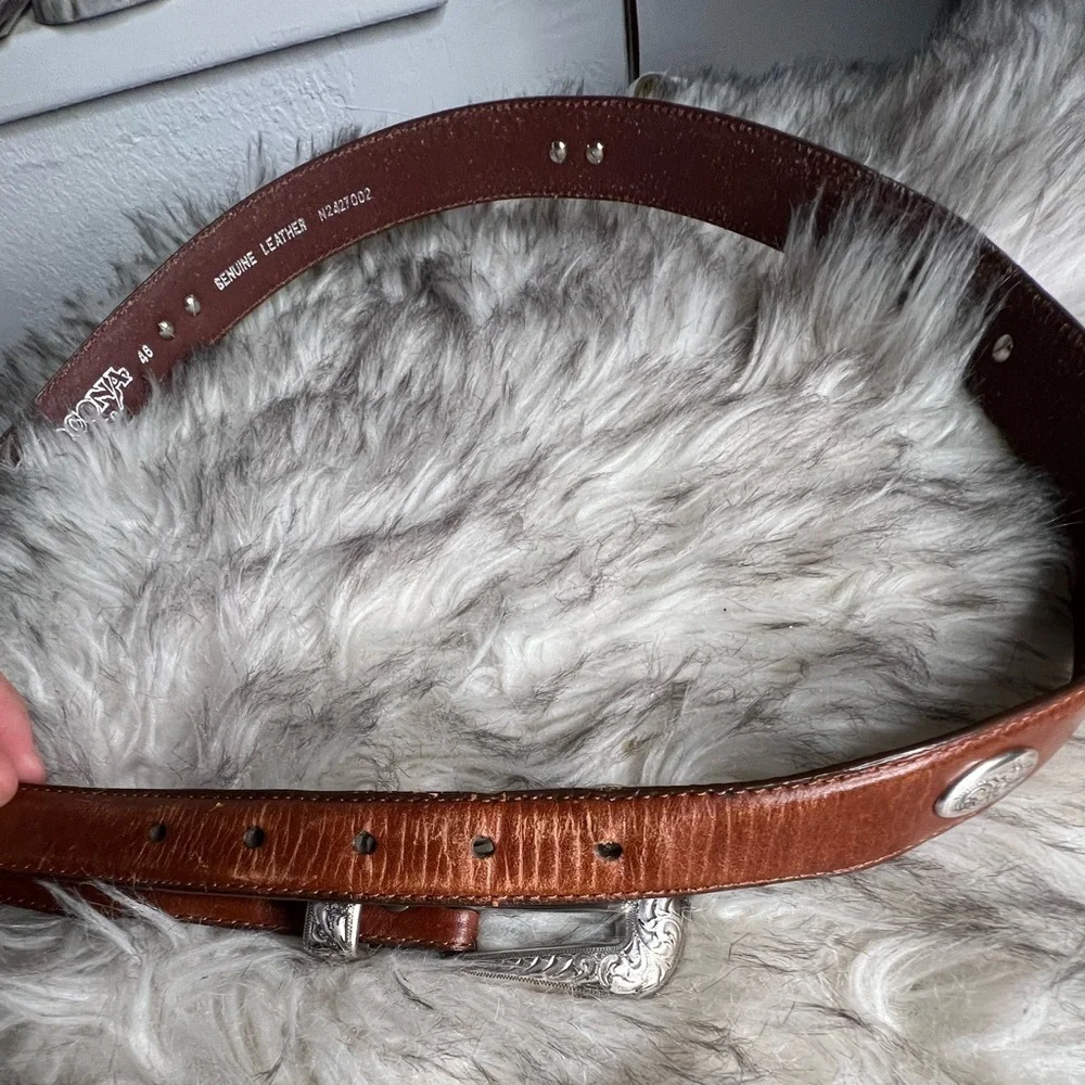 Nocona brown leather belt and ornate silver belt buckle